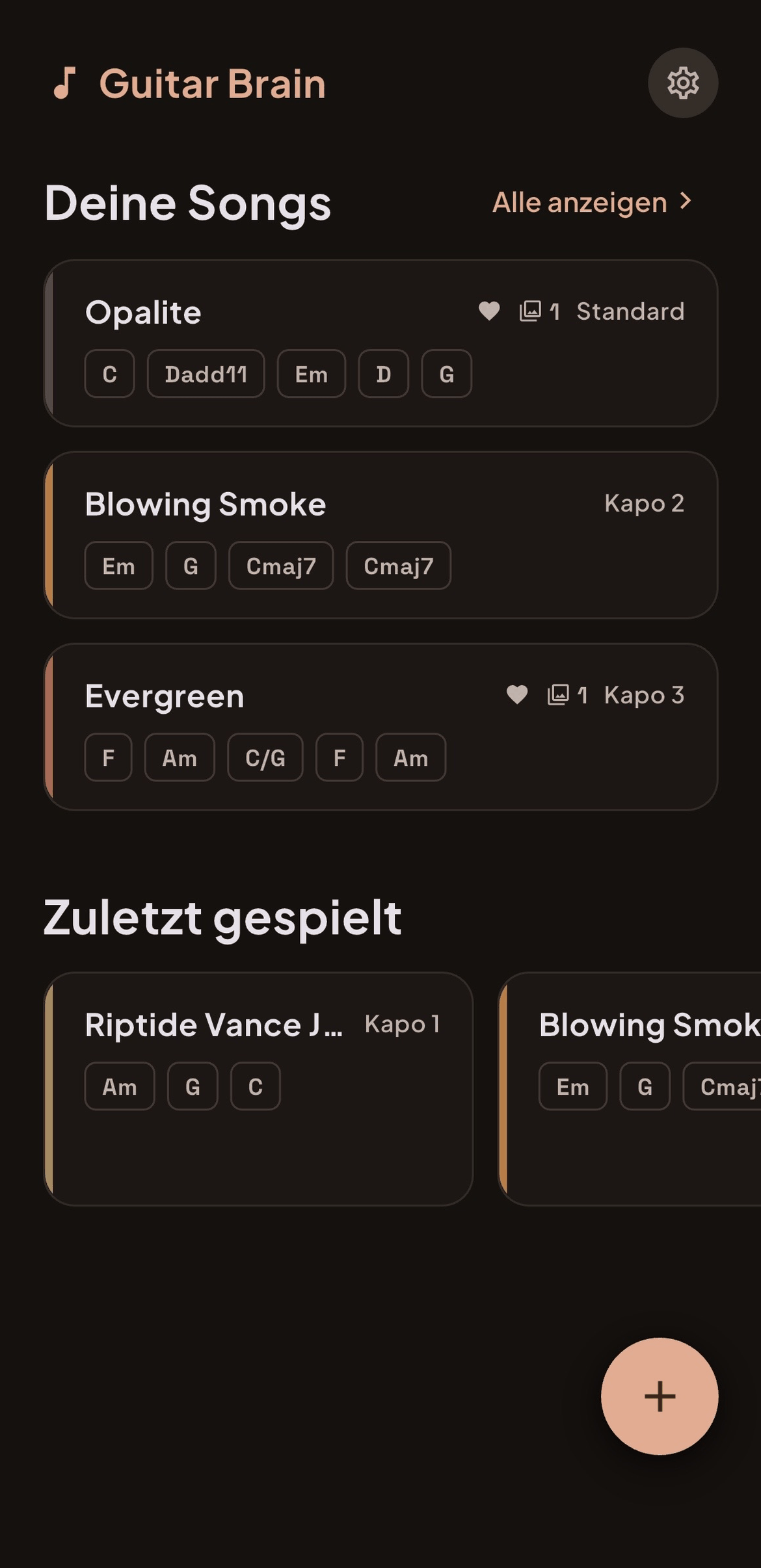 Die Bibliothek in Guitar Brain: deine Songs mit Akkorden und Kapo.