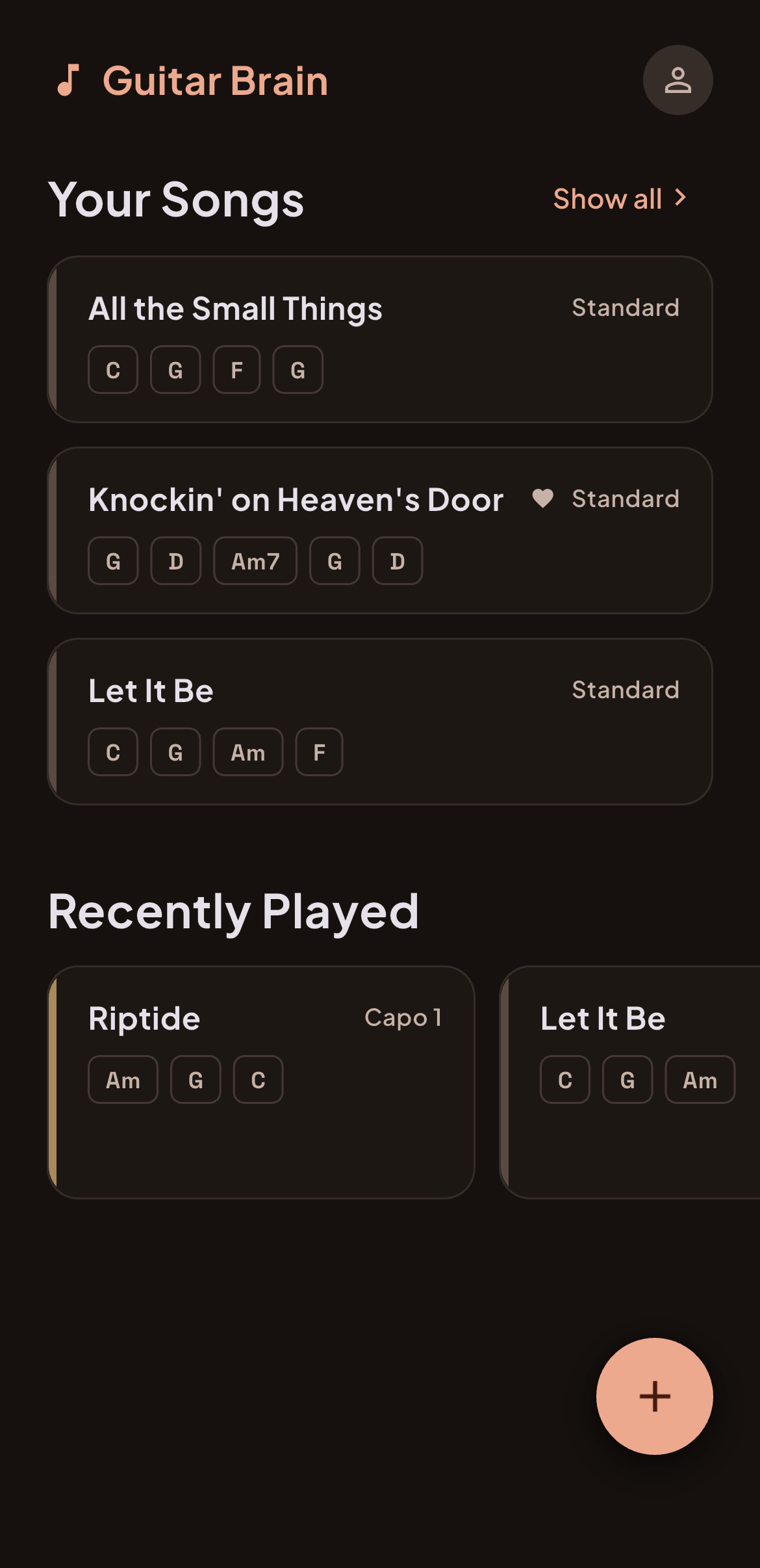 The Guitar Brain library: your songs with their chords and capo.