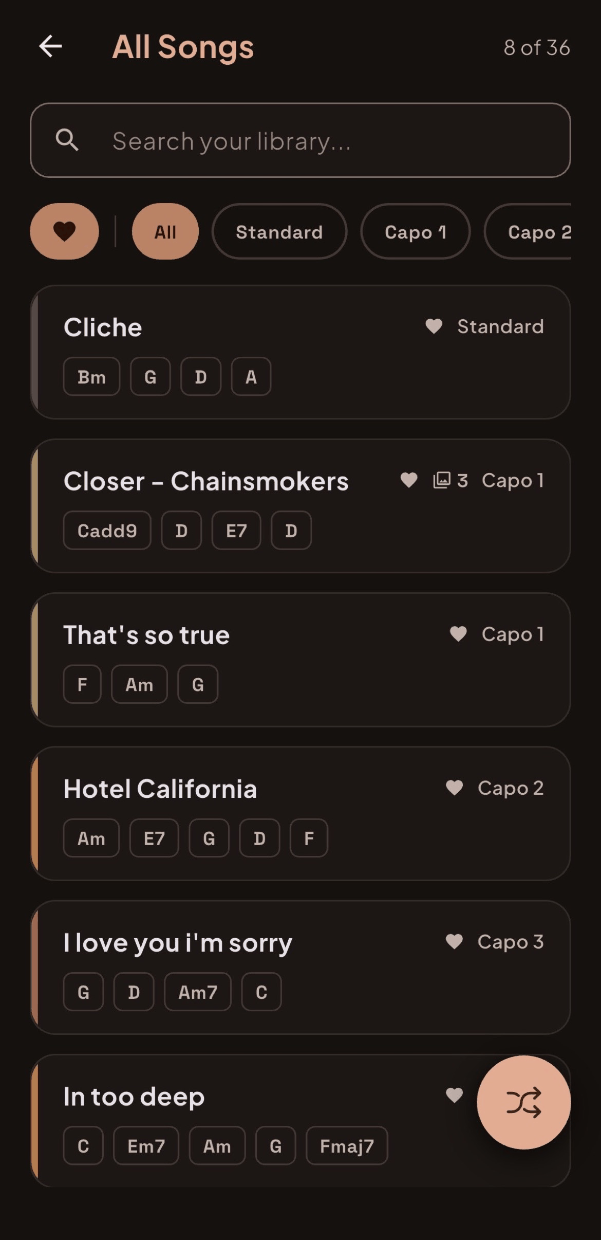 Your library in Guitar Brain: search, favourites and a capo filter across every song.